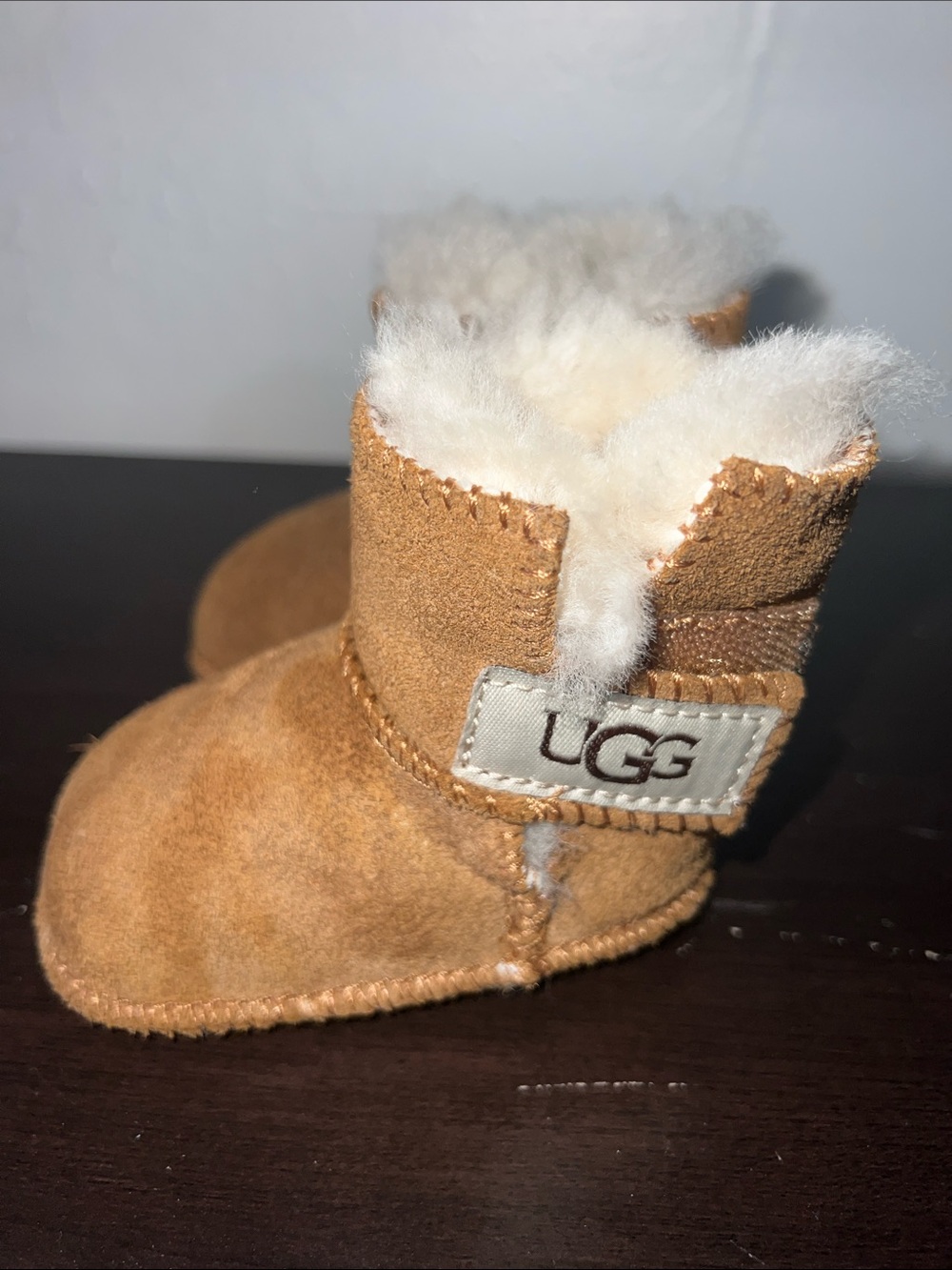 UGG Chestnut Suede Baby Booties with Shearling Trim - Picture 3 of 8